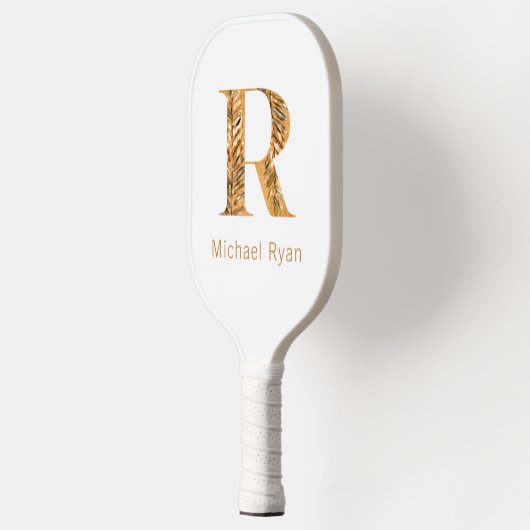 Raquette De Pickleball Élégant Monogramme personnalisé blanc et or (Gauche)
