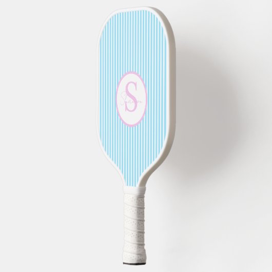 Raquette De Pickleball Élégant Monogramme rayé Bleu Paddle Pickleball (Gauche)