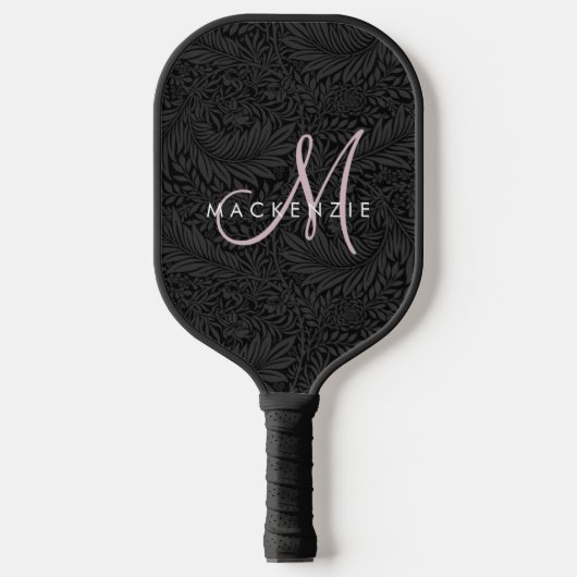 Raquette De Pickleball Élégant noir floral moderne Monogramme de script r (Recto)