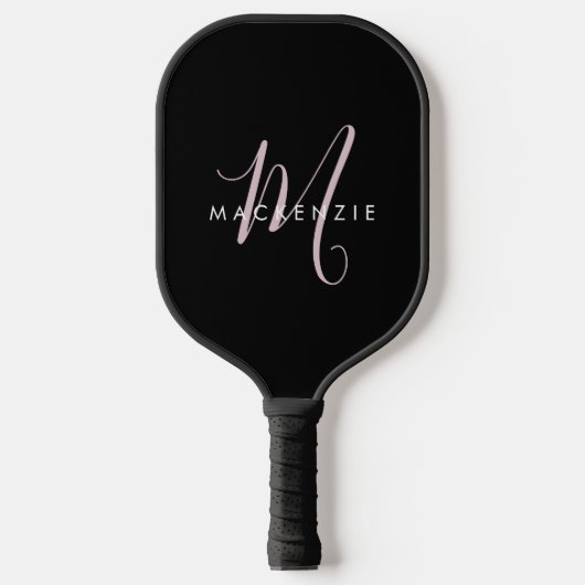 Raquette De Pickleball Élégant Noir Noir Blush Pink Script Monogramme (Recto)