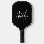 Raquette De Pickleball Élégant Noir Noir Blush Pink Script Monogramme (Verso)