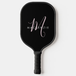 Raquette De Pickleball Élégant Noir Noir Blush Pink Script Monogramme