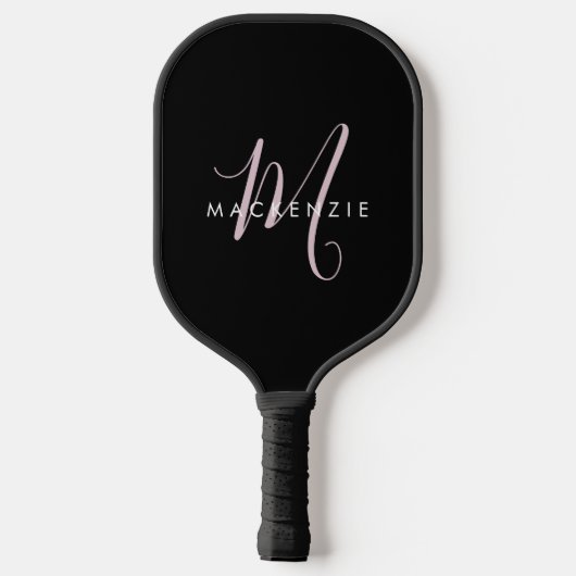 Raquette De Pickleball Élégant Noir Noir Blush Pink Script Monogramme (Verso)