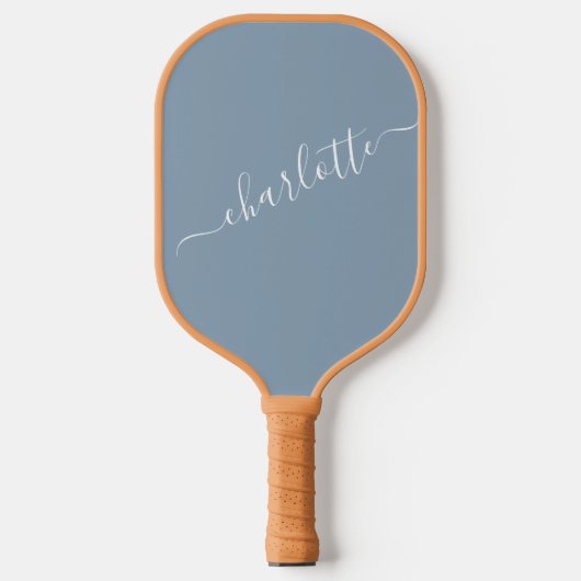 Raquette De Pickleball Élégant Nom Moderne de Style Script Bleu Poussiére (Recto)