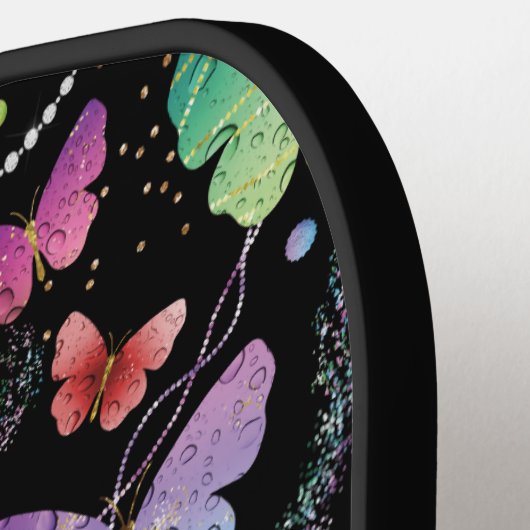 Raquette De Pickleball Élégant Papillons violets et bleus brillants (Détail gauche)