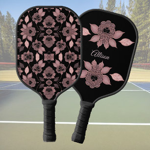 Raquette De Pickleball Élégant rose sur dentelle noire dans le style vint