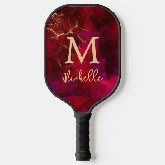 Raquette De Pickleball Élégant Ruby Red Gold Monogramme Nom initial (Recto)