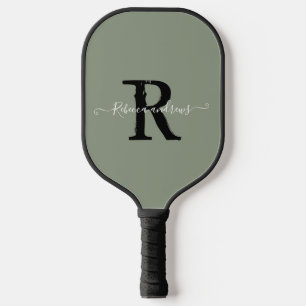 Raquette De Pickleball Élégant Sage Green Monogramme Script Nom initial