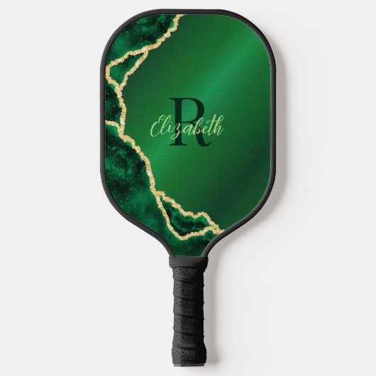 Raquette De Pickleball Élégant vert émeraude et noir Agate Monogramme (Recto)