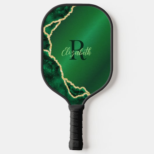 Raquette De Pickleball Élégant vert émeraude et noir Agate Monogramme (Verso)