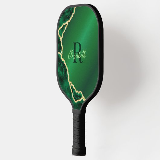 Raquette De Pickleball Élégant vert émeraude et noir Agate Monogramme (Gauche)