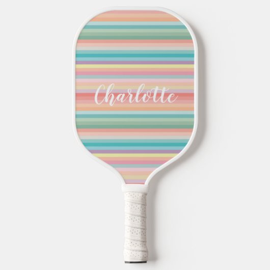 Raquette De Pickleball Elégante Girly Pastel Rainbow Stripes Personnalisé (Recto)