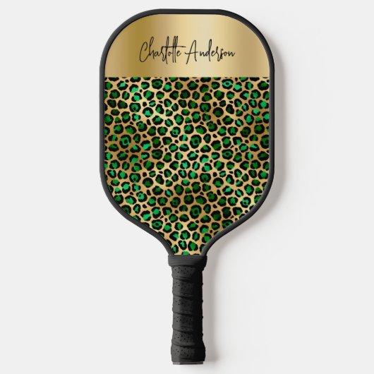Raquette De Pickleball Émeraude vert léopard motif nom script (Recto)