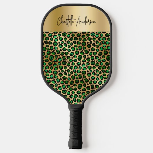 Raquette De Pickleball Émeraude vert léopard motif nom script (Verso)