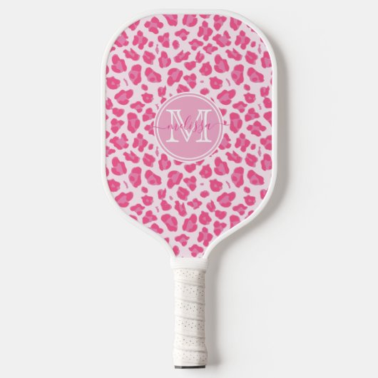 Raquette De Pickleball Empreinte de léopard rose mignon | Monogramme (Recto)