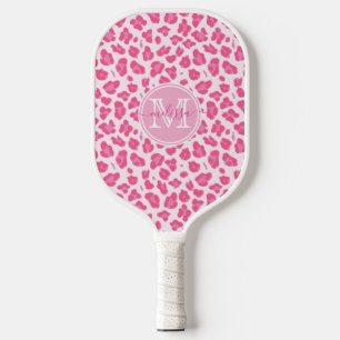 Raquette De Pickleball Empreinte de léopard rose mignon   Monogramme