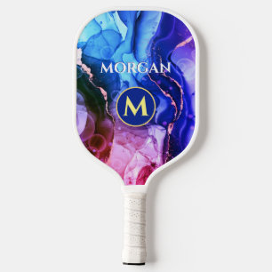 Raquette De Pickleball Encre Liquide Violet Rouge Bleu, Monogramme & Nom