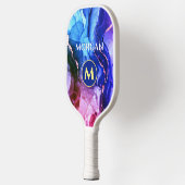 Raquette De Pickleball Encre Liquide Violet Rouge Bleu, Monogramme & Nom (Gauche)