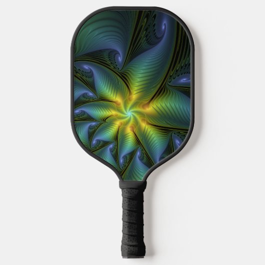 Raquette De Pickleball Etoile Abstraite, Bleu brillant Vert Or Fractal Ar (Recto)