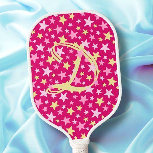 Raquette De Pickleball Étoiles roses Girly Monogramme initial moderne élé