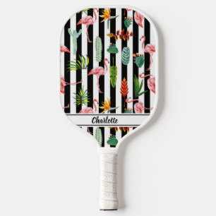 Raquette De Pickleball Feuille de palme tropicale Cactus noir & blanc