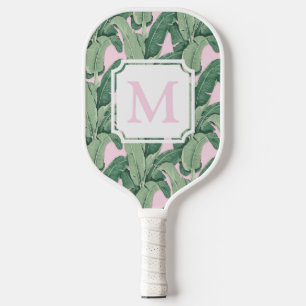 Raquette De Pickleball Feuilles tropicaux roses et verts Monogramme Cab