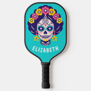 Raquette De Pickleball Fille aux crânes de sucre floraux lumineux personn