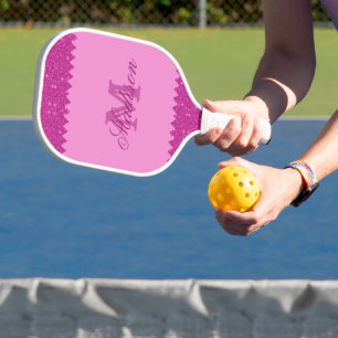 Raquette De Pickleball Fille rose parties scintillant zigzag, monogramme