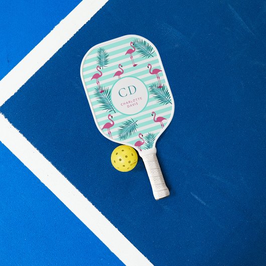 Raquette De Pickleball Flamant rose bandes vert menthe feuilles de palmie