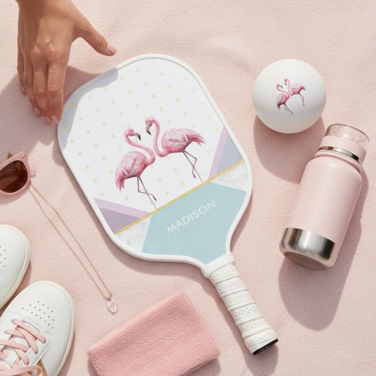 Raquette De Pickleball Flamant rose moderne tendance Pink Girly Nom