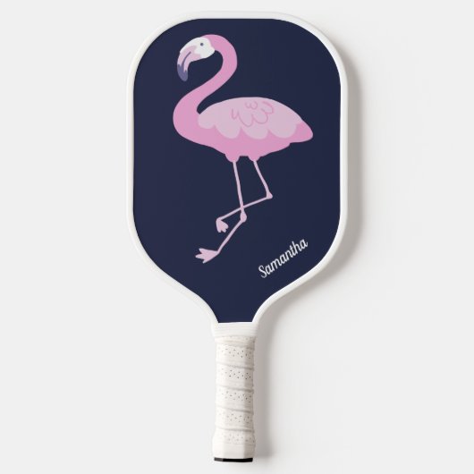 Raquette De Pickleball Flamant rose rose mignon sur bleu foncé avec nom (Verso)
