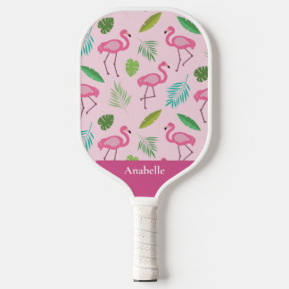 Raquette De Pickleball Flamingo rose et feuilles tropicaux personnalisés