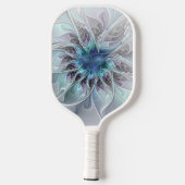 Raquette De Pickleball Fleur Abstraite Fractale Moderne Avec Bleu (Verso)