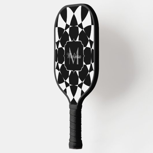 Raquette De Pickleball Fleur blanche noire mandala mosaïque rétro Monogra (Gauche)