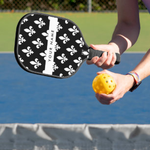 Raquette De Pickleball Fleur de Lis, Blanc sur Noir, Blanc, Votre Nom