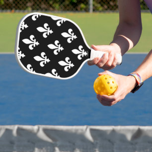 Raquette De Pickleball Fleur de Lis Motif, Royal French, Blanc sur Noir