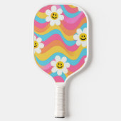 Raquette De Pickleball Fleur ondulée groovy smiley rétro (Verso)