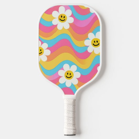 Raquette De Pickleball Fleur ondulée groovy smiley rétro (Recto)