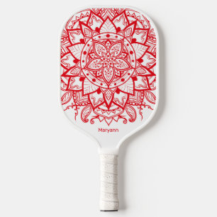 Raquette De Pickleball Fleur rouge Mandala stylée Nom et initiales du sau