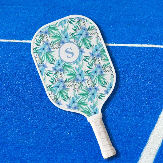 Raquette De Pickleball Fleur tropicale bleue Monogramme