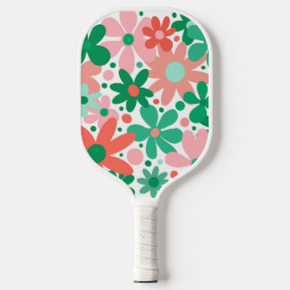 Raquette De Pickleball Fleurs abstraites funky en rose, vert et corail