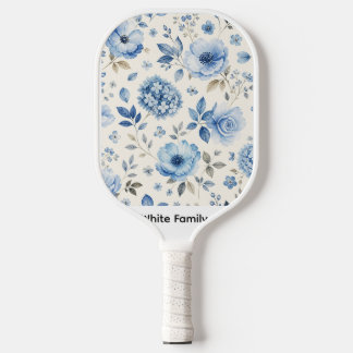 Raquette De Pickleball Fleurs bleues sur fond blanc aquarelle