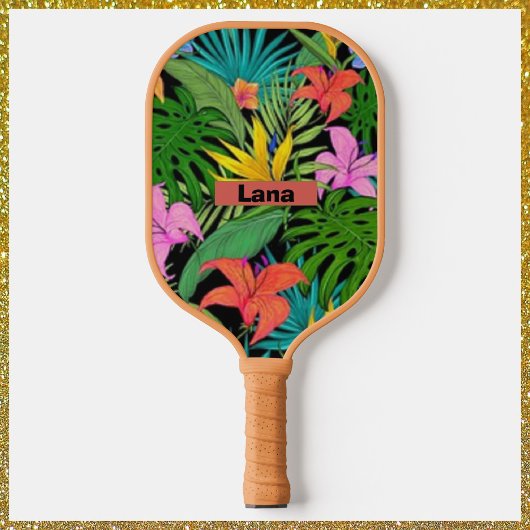 Raquette De Pickleball Fleurs botaniques tropicales violettes et vertes