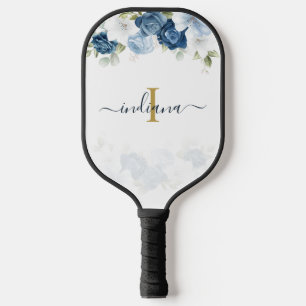 Raquette De Pickleball Fleurs de Bleu Poussiéreux Monogramme Écriture Ver