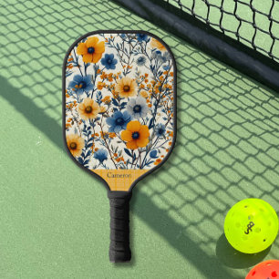 Raquette De Pickleball Fleurs de champ bleu et jaune Monogramme moderne