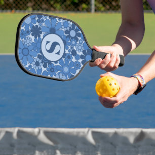 Raquette De Pickleball Fleurs de Jardin Rétro Motif bleu avec initial