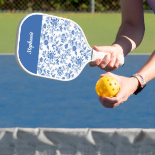 Raquette De Pickleball Fleurs de toile vintage bleue et blanche Nom perso