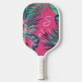 Raquette De Pickleball Fleurs d'Hibiscus rose Monogramme de feuille de pa (Recto)