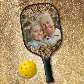 Raquette De Pickleball Fleurs d'or de luxe Elégant Chic Classy Noir