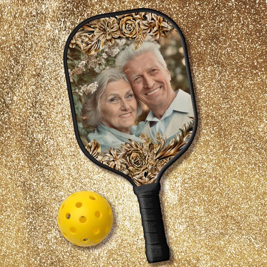 Raquette De Pickleball Fleurs d'or de luxe Elégant Chic Classy Noir